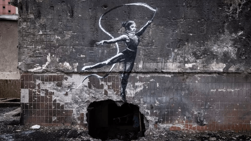 Bansky -  Украйна графити, гимнастичка с шийна на врата - град Ирпин