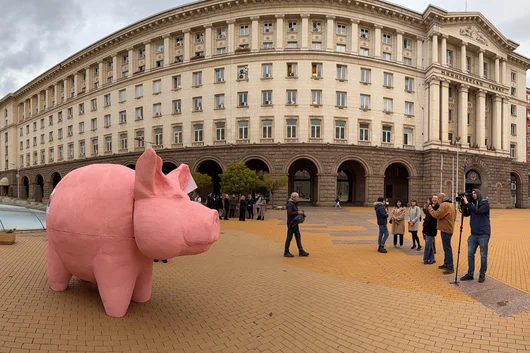 Прасе-касичка посреща протест пред парламента днес 