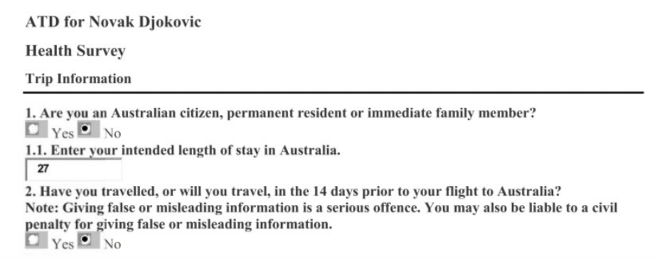Джокович е подал невярна информация в декларацията за влизане в Австралия