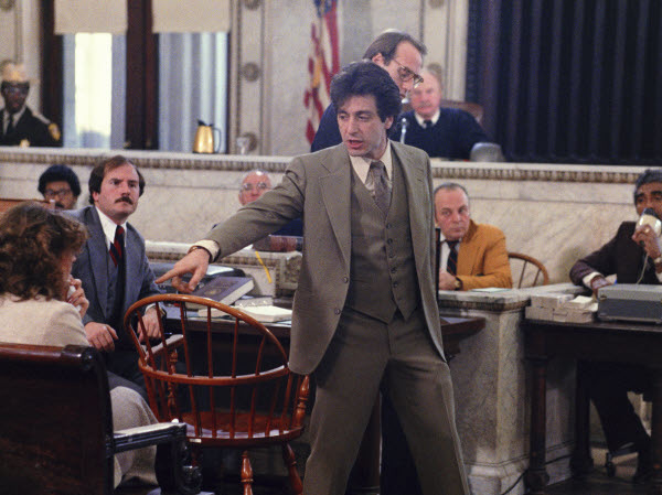 6. "And Justice for All" (1979)
<br><br>
Последната номинация за "Оскар" от 70-те - общо те са пет за седем години.
<br><br>
"And Justica for All" разказва за адвоката Артър Киркланд, който получава задачата да защити съдия Хенри Флеминг - човек, когото по-рано удря с юмрук по време на друго дело.
<br><br>
Флеминг е виновен, но успява да изнуди героя на Пачино да го защитава пред съда, смятайки, че ще бъде от полза най-големият му противник да пледира неговата невинност. В един момент обаче търпимостта на Артър приключва и виждаме още едно от онези знаменити избухвания на Пачино на екрана.