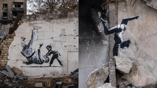 Момче поваля Путин, гимнастичка сред отломки: Нови графити на Banksy се появиха в Украйна