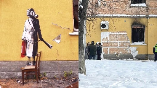 Опит за кражба на графит на Банкси в Украйна: Хора се опитаха да отмъкнат творбата от разрушена сграда