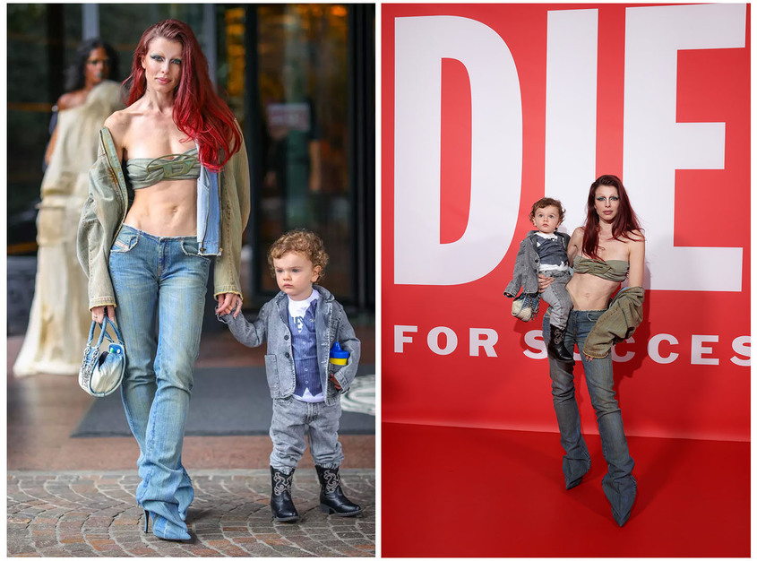 Джулия Фокс със сина си Валентино на Седмица на модата в Милано 2023, шоуто на Diesel