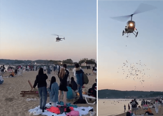 Хеликоптер, промотиращ парти, летя опасно ниско над плаж "Градина"