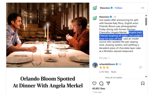The Onion "събра" Орландо Блум с Ангела Меркел след флирта на Кейти Пери и Трюдо