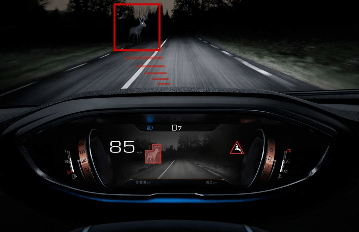 <br><br>
Асистентът за нощно виждане  Night Vision, уникален в компактния SUV сегмент, открива живи същества (пешеходци / животни)
пред превозното средство през нощта или при намалена видимост. Системата гарантира откриване до 200-250 м, извън обсега на дългите светлини